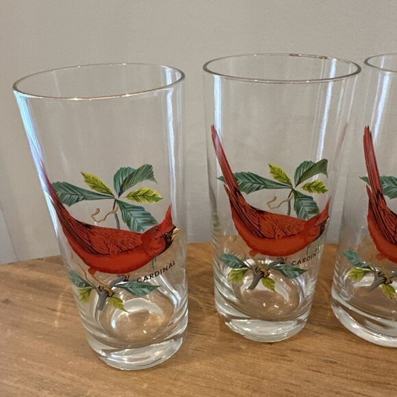 West Virginia Glass Set of 5 Glasses Cardinal Song Bird Painted 6.5 in Tall - Picture 4 of 7